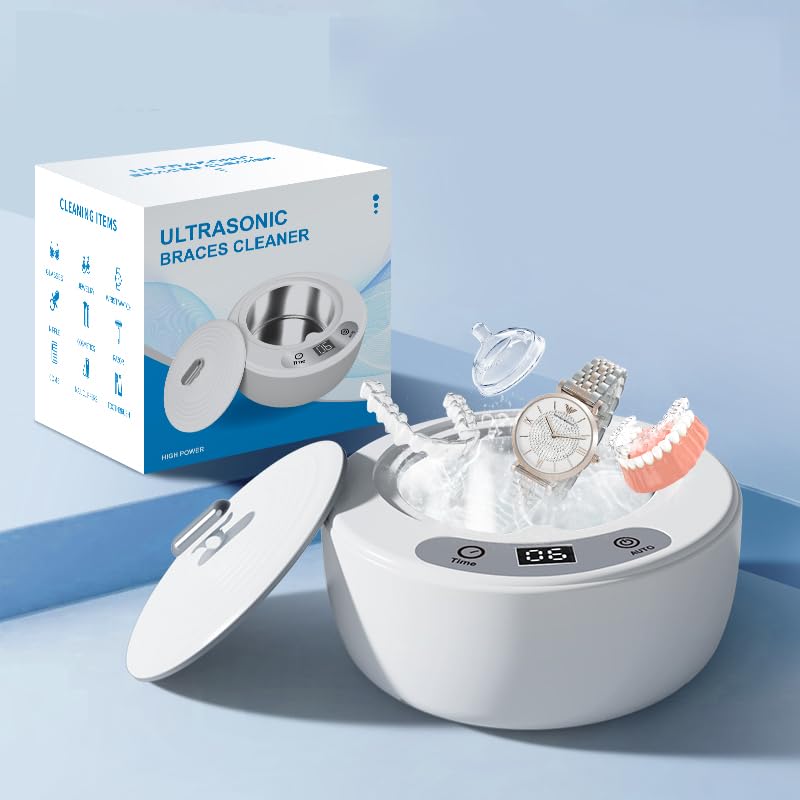 Ultrasonic Retainer Cleaner Machine, 49kHz Dental Cleaning with Digital Timer & 200ML, Ultrasonic Dentures Cleaner for Denture, Guards, Aligners, Night Guards, Braces & Jewelry with 5 Modes