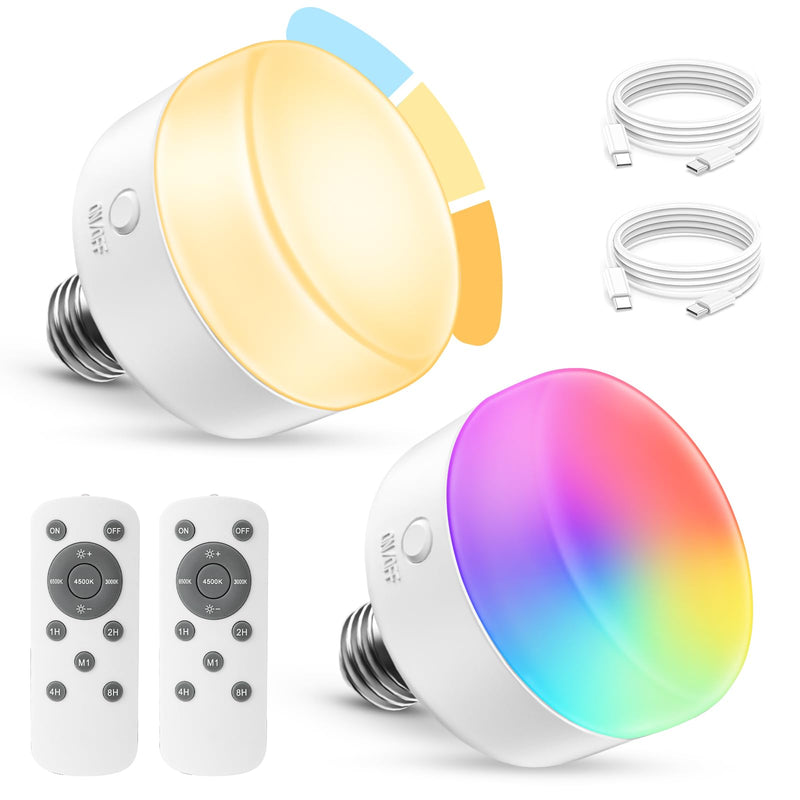 NIORSUN 2 Pack E26 Battery Operated Light Bulb, 300LM 5200mAh 3 Color Temperature and RGB Rechargeable Light Bulbs with Remote, Dimmable & Timer Function for Wall Sconces