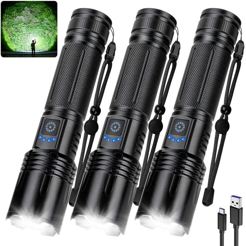 Rechargeable Flashlights 3 Pack - 990,000 Lumens Super Bright LED Flash Light with Fast Charging, IPX7 Waterproof, 5 Modes for Camping & Home