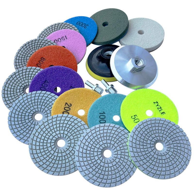 13 Packs 4 inch Diamond Polishing Pads Kit Wet/Dry with 5/8"-11 Backer Pad Granite Bufffing Sanding Set 50-10000 Grit for Concrete Stone Marble Tile Quartz Rock
