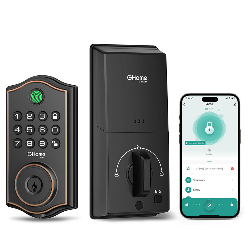 GHome Smart Deadbolt Lock, Fingerprint Code Keyless Entry Door Lock for Front Door, Auto Lock, App Control, Digital Keypad deadbolt, Smart Door Lock for Home Airbnb Apartment Hotel Garage, Black