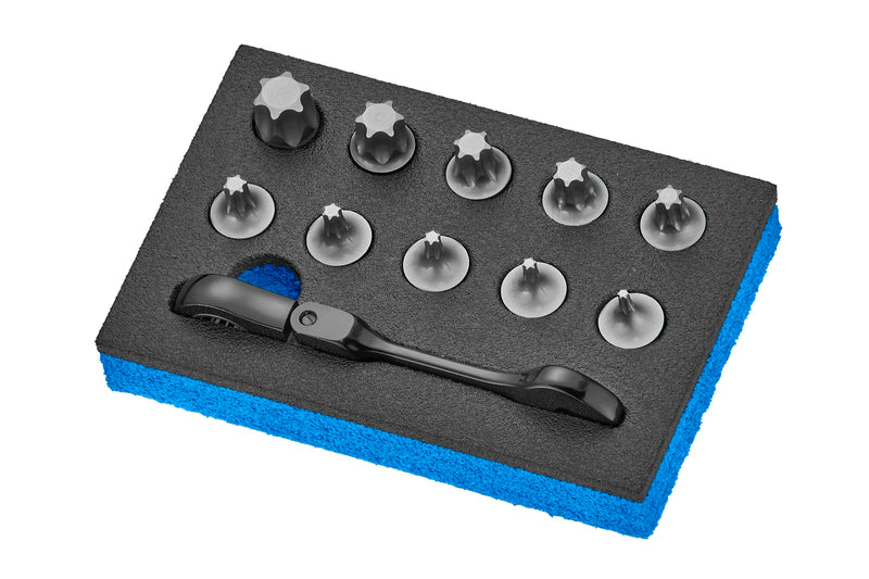 11 PCS Stubby Torx Bit & Flex Ratcheting Wrench Set, 120-Tooth Ratchet with Non-Slip 13mm Open End, Low Profile S2 Star Bits T10–T60 for Automotive & Tight Spaces