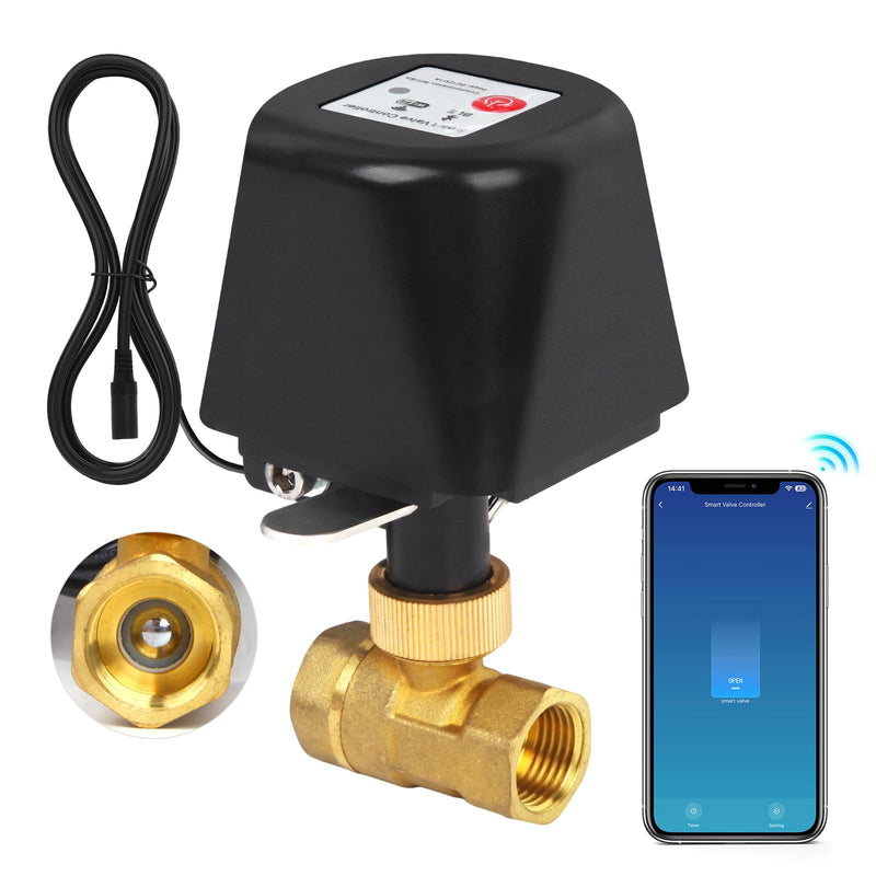 Smart Motorized Ball Valve, WiFi Shutoff Water Valve, Smart App Control, 4 Timer Modes, Supports 2.4 GHz WiFi Only, Various Sizes, Brass Valve, G-Thread 1/2" Valve Black G-Thread DN15-1/2"