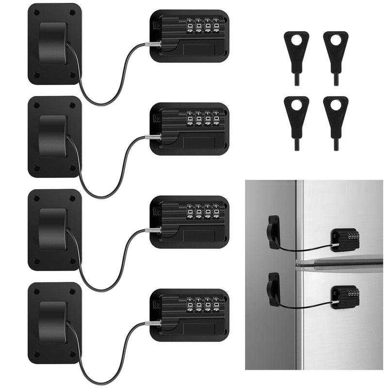 4 Pack Refrigerator Lock, Heavy Duty Refrigerator Locks Kit with Password, Drill-Free Childproof Cabinet Fridge Locks, Safety Freezer Combination Lock for Refrigerator Cabinets Drawers Window, Black Black - 4 Pack