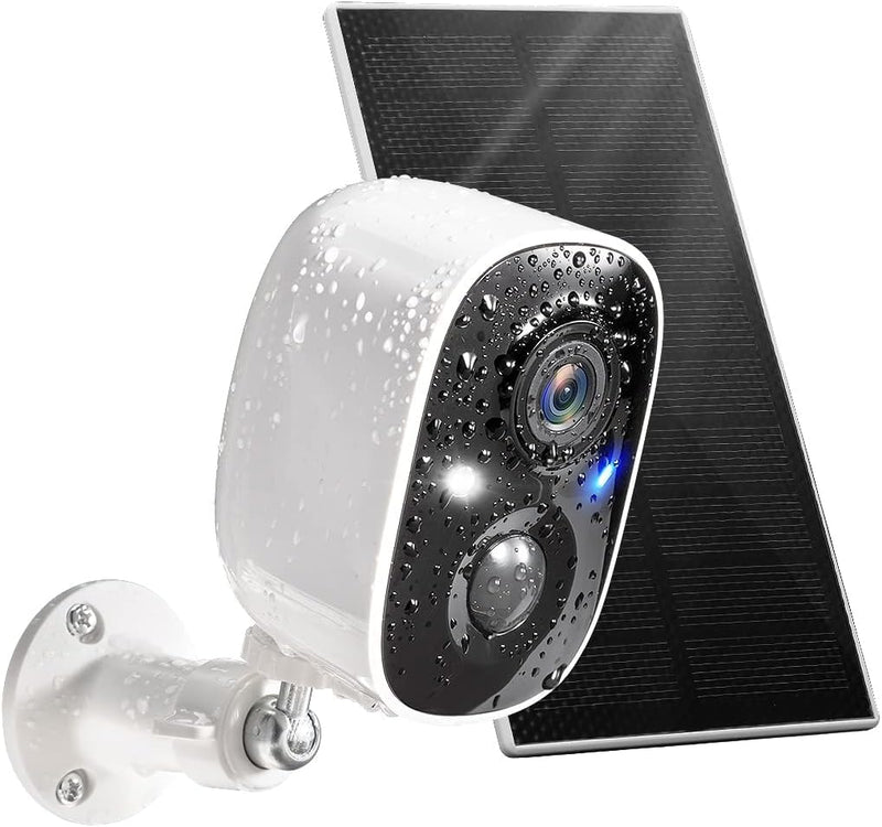 GMK Solar Security Camera Wireless Outdoor, with Solar Panel 2K Color Night Vision Motion Detection 2-Way Talk Battery Powered 3MP WiFi Home Indoor Camera IP65 Weatherproof Cloud/SD Storage White Solar Cam 1 Count (Pack of 1)