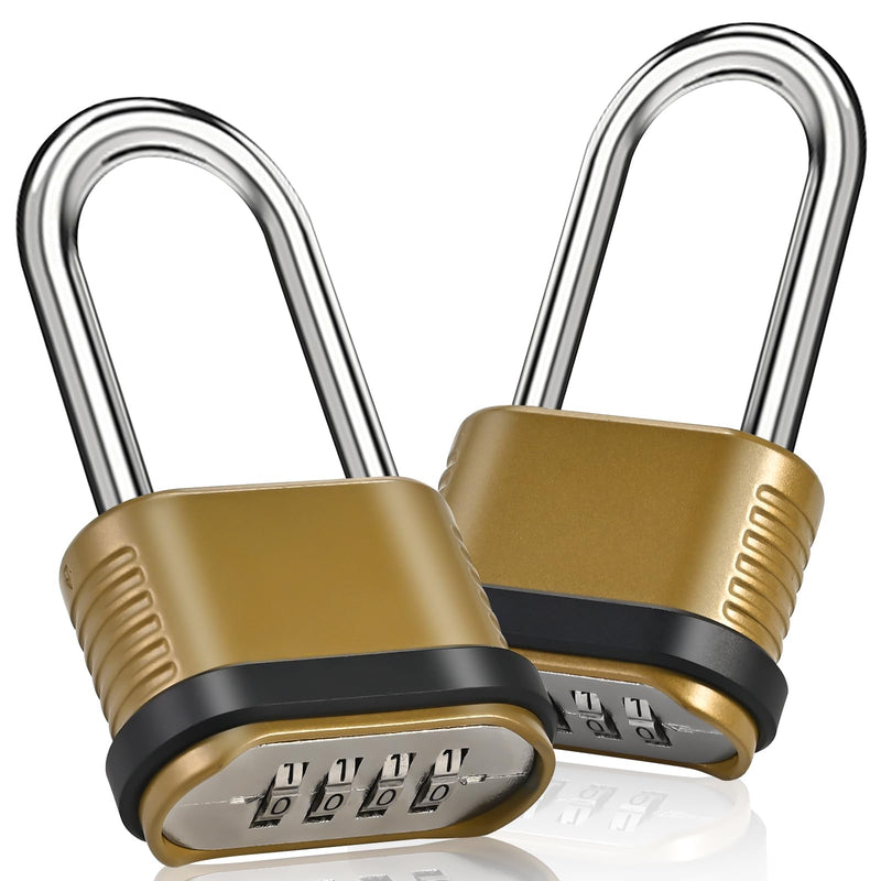 4 Digit Heavy Duty Combination Lock - 105mm Long Shackle Weatherproof Combination Padlock, Outdoor Combo Lock for Storage Units, Gym Lockers, Fence Gates & Shed Doors - Golden (2pcs, Long Shackle) 2pcs Long Shackle