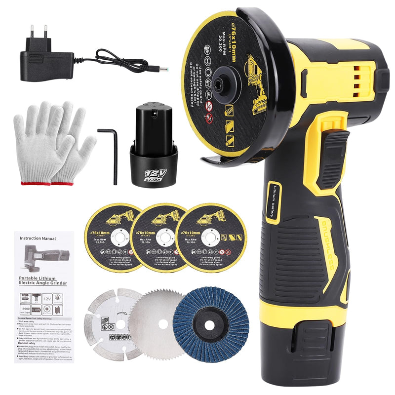 Mini Angle Grinder Kit,19500RMP Cordless Angle Grinding Tool with 2x2000mAh Batteries and 6PCS Discs,Brushless Power Grinder for Brick Wood Steel Stone