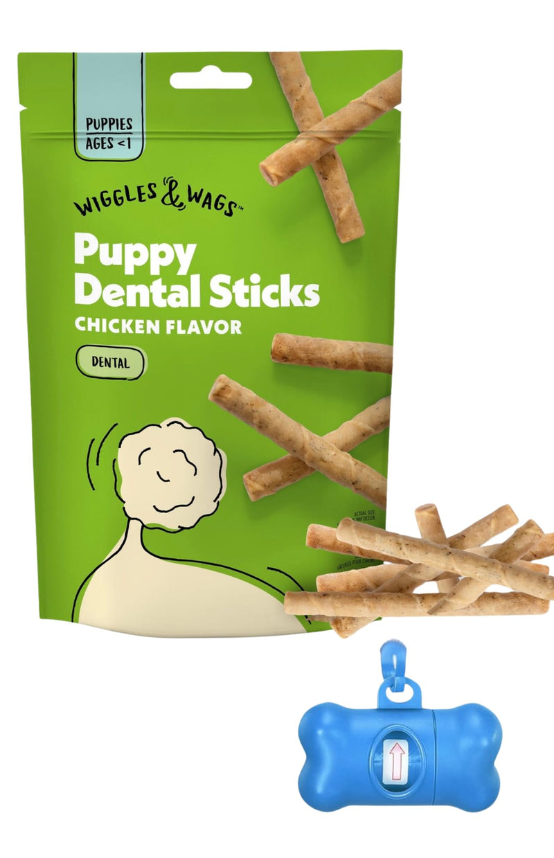 Wiggles & Wags Puppy Dental Sticks, Chicken Flavor, 5.1 oz, 10 Count with DN Essentials Bone Waste Bag Dispenser & Roll