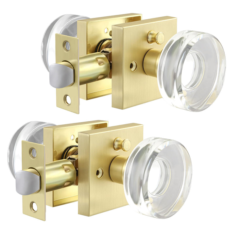 Leydebong 2 Pack Crystal Door Knobs, Gold Door Handles Interior, Premium Bathroom/Bedroom Door Levers with Lock, Glass Door Knobs Privacy Function with No Key Satin Brass - Privacy