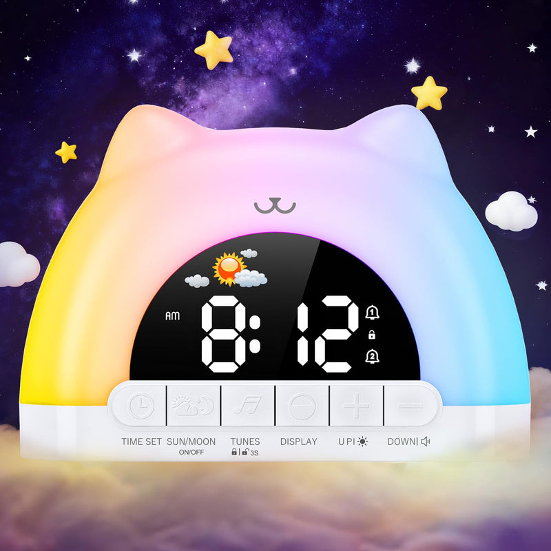 Kids Alarm Clock, OK to Wake Alarm Clock for Kids, Cat Clock with 11 Colors Night Light, 10 Soothing Sounds, Child Lock, Dual Alarms, Sleep Training, Birthday Gift for Boy Girls Children White