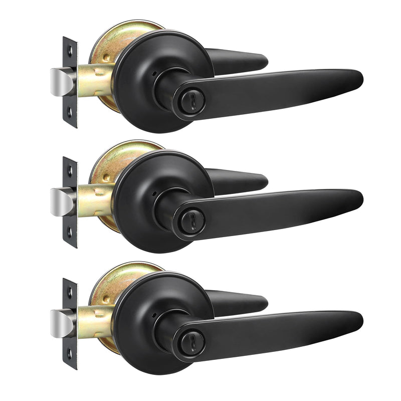 Privacy Door Levers, 3 Pack Matte Black Door Handles, Bed and Bath Door Locksets Heavy Duty Keyless Interior Handles, Reversible for Left Right Handed Doors