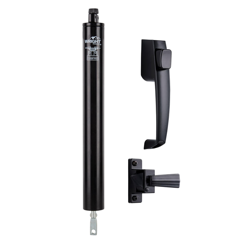 Wright Products Pneumatic Storm Door Closer & Push Button Latch Combo Kit – Adjustable, Smooth-Closing with Hold-Open Feature (Modern, Black) Modern