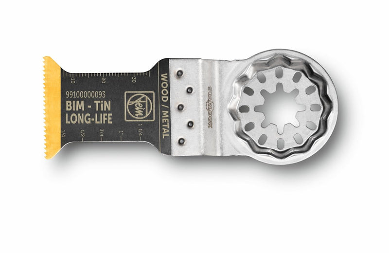 Fein Starlock E-Cut Long-Life Titan OMT Demolition Saw Blade - Precision Cutting for Wood, Plasterboard & Plastics, Bimetal Titanium Coating, 1-3/8" Width, 2" Length - 99100000093 1-3/8"