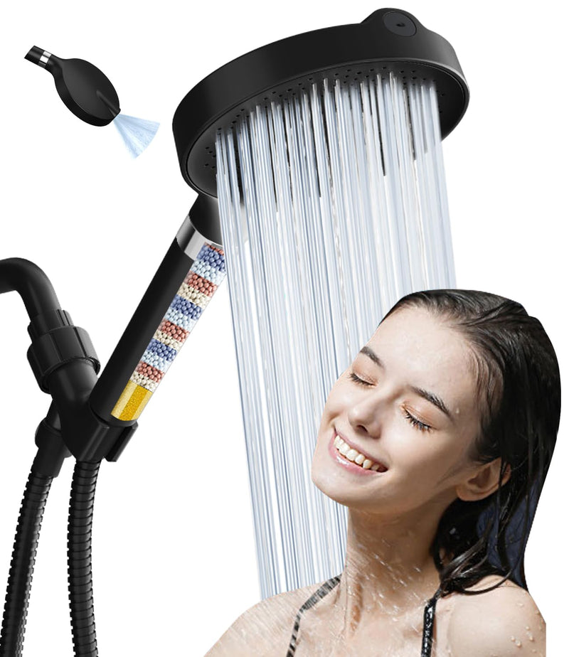 6“ Filtered Shower Head with Handheld, 6-Spray High Pressure Shower Head with Filter for Hard Water, Detachable Handheld Showerhead with Hose and Shower Arm Bracket, Matte Black Luxury Modern