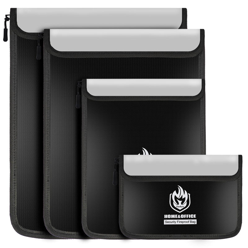 4 Pack Fireproof Document Bags, Waterproof Document Pouch Holder with Zipper, Fire Proof Money Bag for Cash, Fireproof Envelope Fire Safe Bag, Fire Resistant Storage for Legal/A4 Size (Black) Black