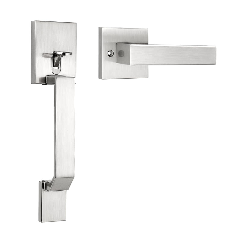 Probrico Satin Nickel Front Door Handleset,Modern Entry Door Handle with Reversible Lever,Square Passage Door Handle with No Lock 1