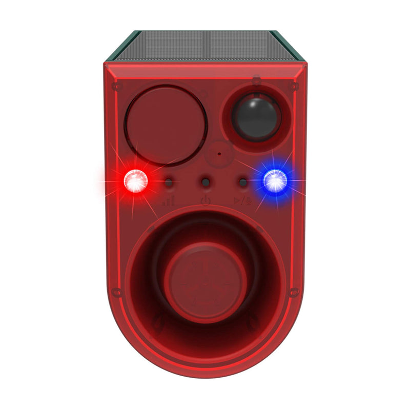 Solar Motion Sensor Alarm Outdoor - Support Recording&±Volume, Ultrasonic and Barking Dog&Gunshot Sound Sound, 129db*2 Loud Speakers, Motion Detector Alarm Strobe Light with USB and Remote Controller