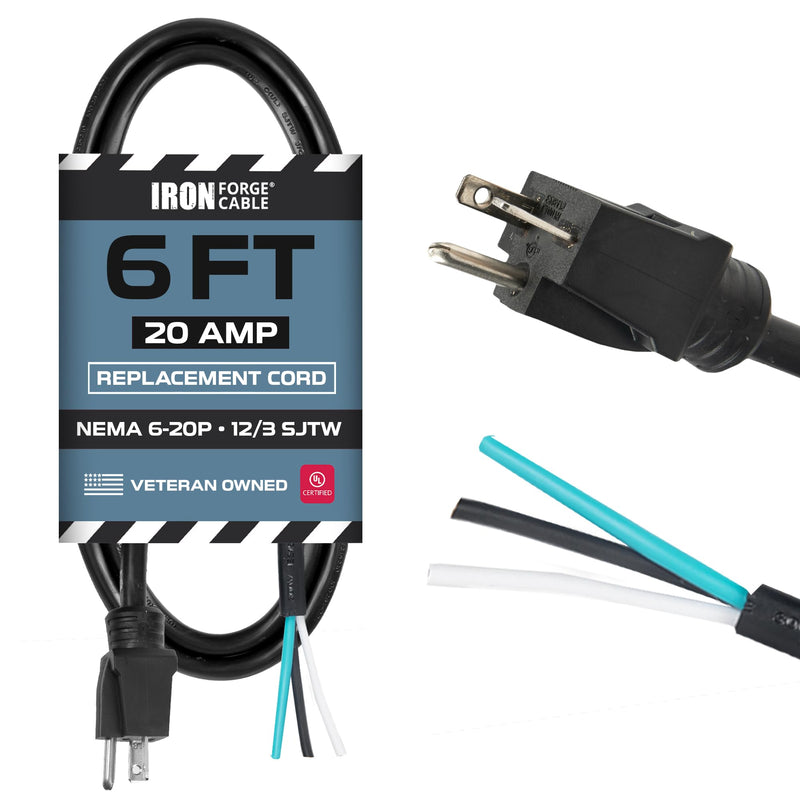 Iron Forge Cable NEMA 6-20P Replacement Power Cord 6 ft - 20 Amp Extension Cord Heavy Duty Outdoor 12 Gauge SJTW 250V