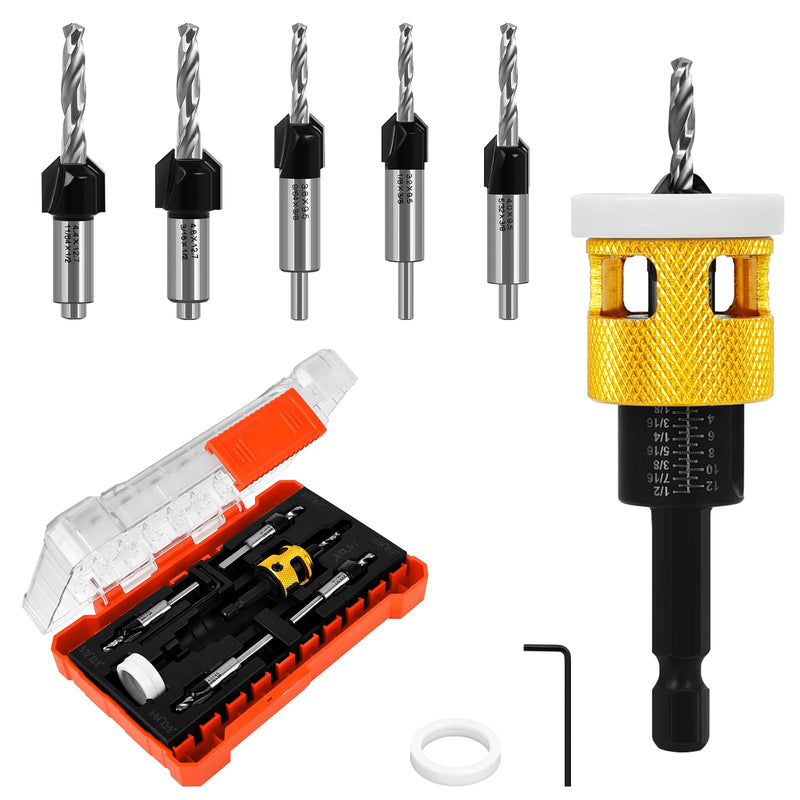 Countersink Drill Bit Set for Wood, 7Pcs Counter Sink Drill Bit Set with Adjustable Depth Stop and 1/4" Quick Change Hex Shank, Replaceable HSS M2 Bits Tapered Head for Woodworking