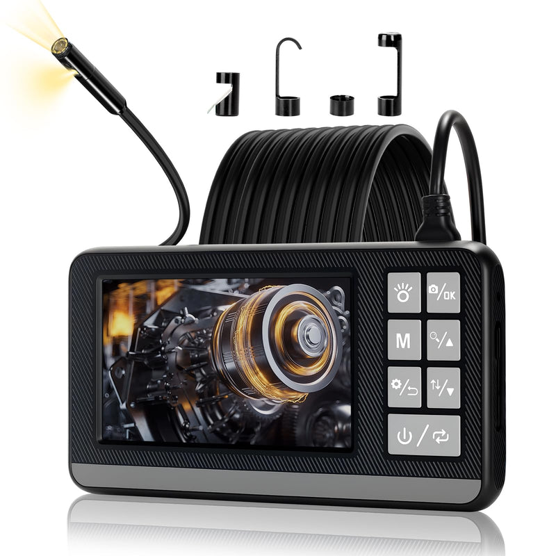 Dual Lens Endoscope Camera with Light, 1920P HD Borescope with 4.3" IPS Screen, IP67 Waterproof Inspection Camera with 8 Adjustable LEDs, 16.5ft Semi-Rigid Cable, 32GB Card-Black
