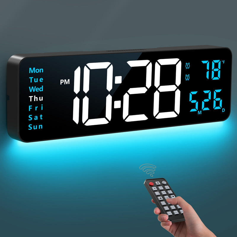 Digital Wall Clock, 16" Large Display Digital Clock with Night Light, Wall Clock with DST, Alarm, LED, Date, Week, Temp for Living Room, Bedroom, Classroom Decor, Birthday Gift for Senior Mom Dad Blue