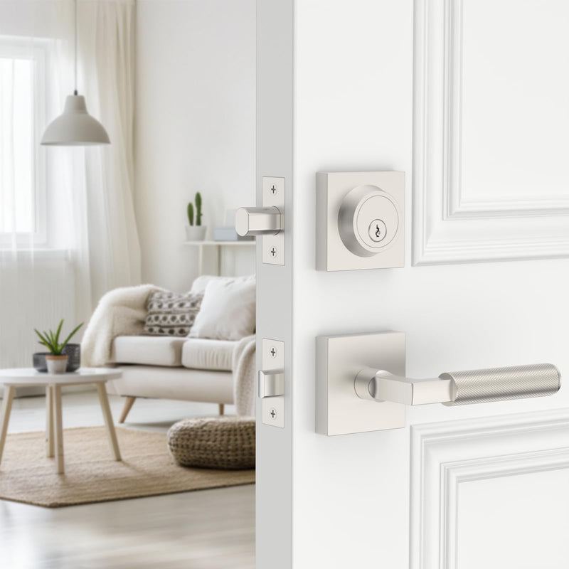 Amerdeco Front Door Lock Set with Double Cylinder Deadbolt, Exterior Entry Door Lever, Heavy Duty Entry Door Locksets for Left or Right Hand Exterior Door（Brushed Satin Nickel 1 Pack） Brushed Satin Nickel