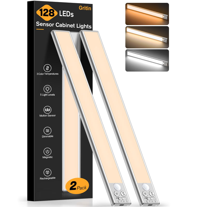 Gritin 14.7inch Under Cabinet Lighting Rechargeable 2 Pack- 3 Color Temps&5 Level Brightness, Super Bright, 4 Modes, Motion Sensor, Long Lasting - Easy Installation Magnetic Under Closet Lights-Silver Silver 14.7 inch