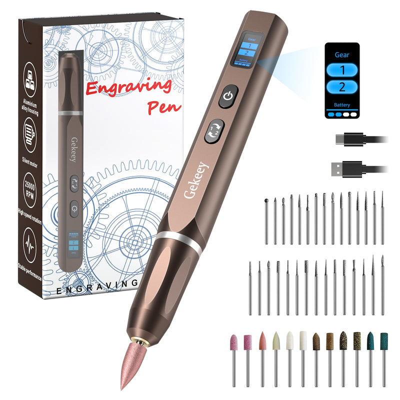 Gekeey Electric Engraving Pen, Cordless Rechargeable Mini Rotary Tool with 42 Bits, Aluminum Body, Variable Speed, Portable Engraver Pen for Metal Wood Glass and Plastic, Brown