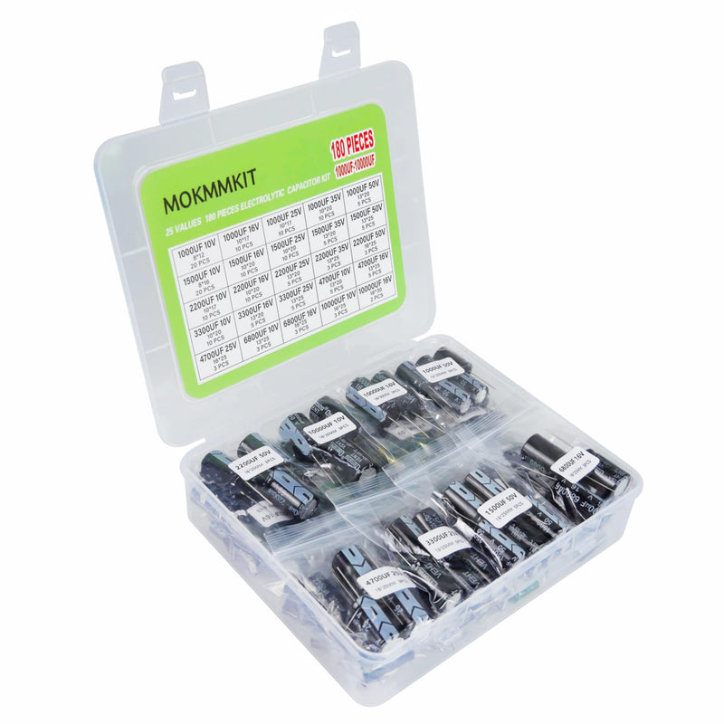 25 Values Aluminum Electrolytic Capacitor Kit 1000uF-10000uF | 180 Pieces, 1000uF 1500uF 2200uF 3300uF 4700uF 6800uF 10000uF, 10V 16V 25V 35V 50V, Large-Capacity Capacitors Assortment Set 1000uF-10000uF 180pcs