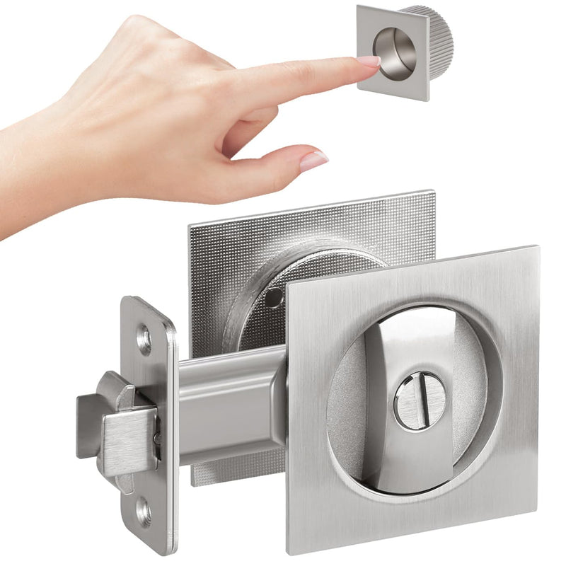 Brushed Nickel Privacy Pocket Door Hardware, 2 3/8" Backset, Zinc Alloy Heavy Duty Square Pocket Door Lock Silver, Solid Pocket Door Handle(1 Pack) 1 Pack 2 3/8" Brushed Nickel