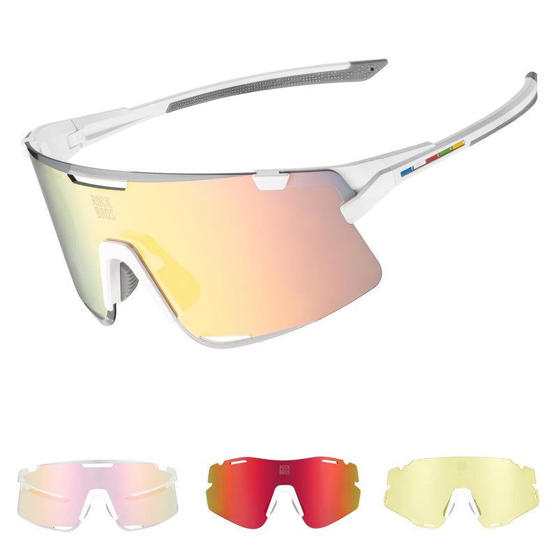 ROCKBROS Performance Cycling Glasses with 3 Interchangeable REVO Lenses, Photochromic, Polarized and Yellow White+pink