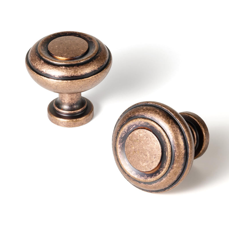 Goo-Ki 6 Pack Antique Copper Cabinet Knobs with Multi-Ring Accents - Vintage Orbital Design Recessed Center & Textured Patina