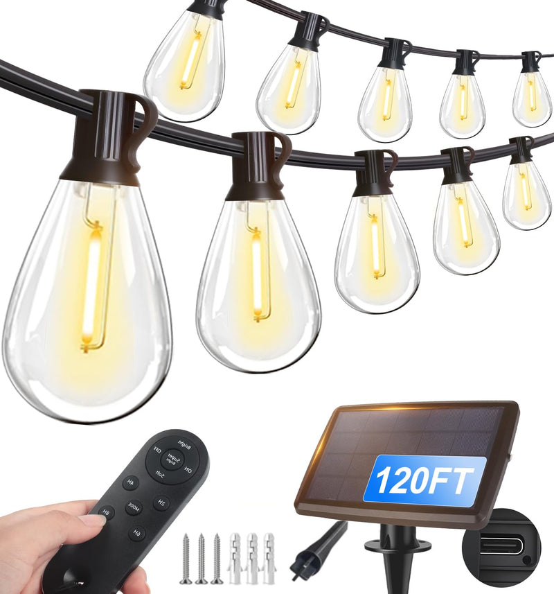 Tenmiro 120FT Solar Outdoor String Lights with Remote and 32+2 LED Shatterproof Bulbs Dimmable & Timing 3 Light Modes Solar Patio String Lights for Cafe, Garden, Deck, Outside Wedding Last for 10+Hrs Solar 120FT
