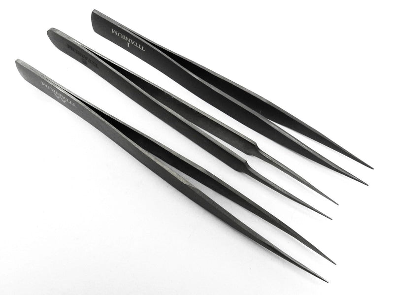 Titanium Tweezer Set of 3 Precision Tweezers Ultra Light Non-Magnetic High Temp Style #1 - #5 - AA