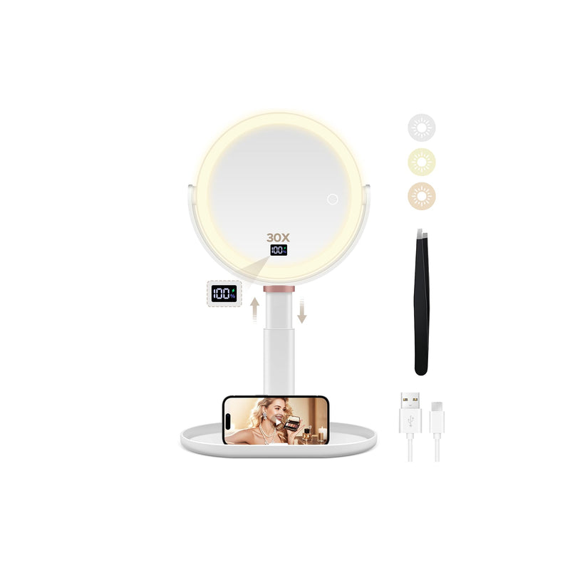 MIYADIVA Makeup Mirror with Lights, 30X/1X Magnifying Mirror with Digital Display, Height Adjustable Desk Mirror, Detachable for Travel, Vanity Mirror with Phone Holders and Tweezers, Gifts for Women White