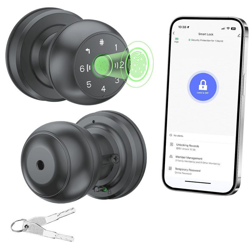 Fingerprint Door Lock, Smart Door Knob, 2.4G WiFi Biometric Door Knobs with App Control, Auto Lock Door Lock with Code, Thumbprint Door Knob for Bedrooms, Office, Apartment, Offices,Hotels-Grey Gray