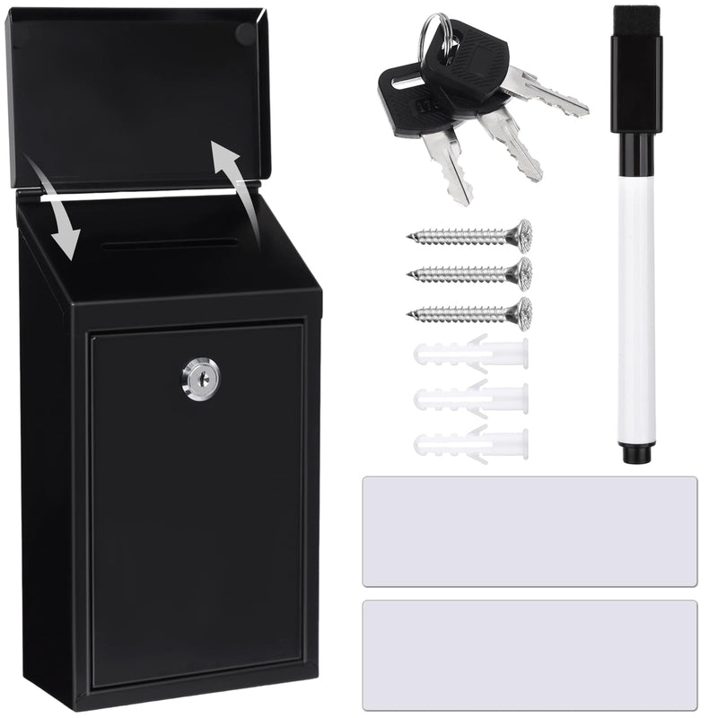 Metal Donation Box Charity Steel Collection Box Office Suggestion Secure Mailbox with Top Slot and Lock with Keys Wall Mount Waterproof Mailbox for Home Office (Black, 10.2 x 5.7 x 2.9 Inch) Black