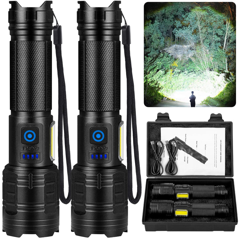 Rechargeable Flashlights 90,000 High Lumens - 2 Pack, Super Bright Flash Light with 7 Lighting Modes, 24H Long Life Powerful Flashlight with Side Light, IPX7 Waterproof Flashlight for Camping Home