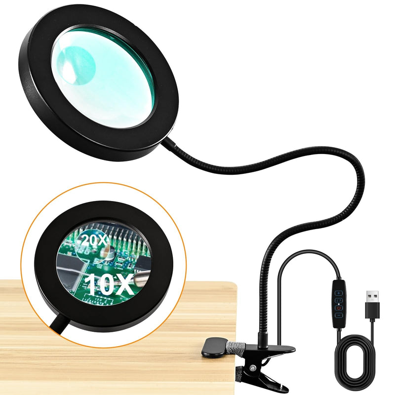 20X/10X Dual-lens Magnifying Glass with Light and Timer, Combination Lens Magnifier with Light, 3 Color Modes, 2 in 1 Magnifying Desk Lamp for Craft Hobby Painting Sewing Close Work(No Adapter) Black 120mm-NoAdapter