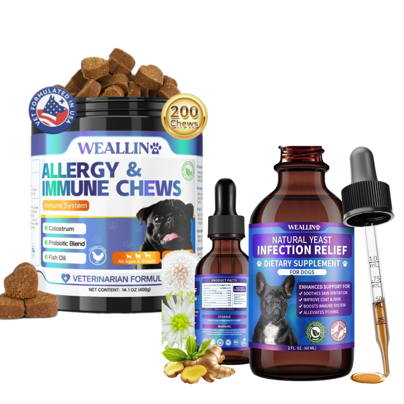 WEALLIN Dog Allergy Relief Chews + Yeast Infection Drops Bundle – Itch, Ear, and Skin Support | Natural Formula for Allergies, Yeast, Hot Spots & Immune Health