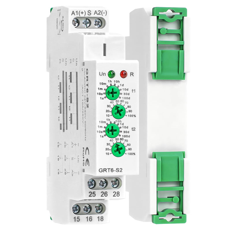 Asymmetric Cycle Timer Relay AC DC 24V-240Volt 10A, SPDT Mini Adjustable Repeat Cycle Time Relay Switch ON Off GRT6-S2, Electronic Timer Relay 10-Position from 1S to 1 Minute to 100 Days in Din Rai GRT6-S2 24-240V AC/DC 10A