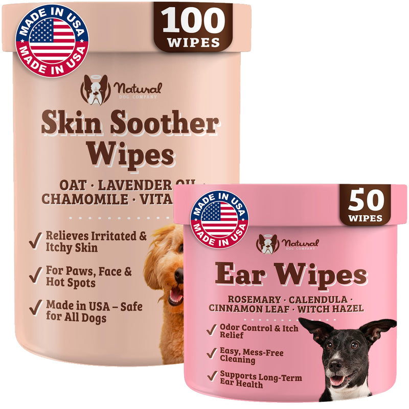 Natural Dog Company Ear Wipes & Skin Soother Wipes Bundle – Essential Oil Infused Ear Cleaner & Hypoallergenic Moisturizing Wipes – Itch Relief, Odor Reduction & Skin Hydration – 50 ct + 100 ct