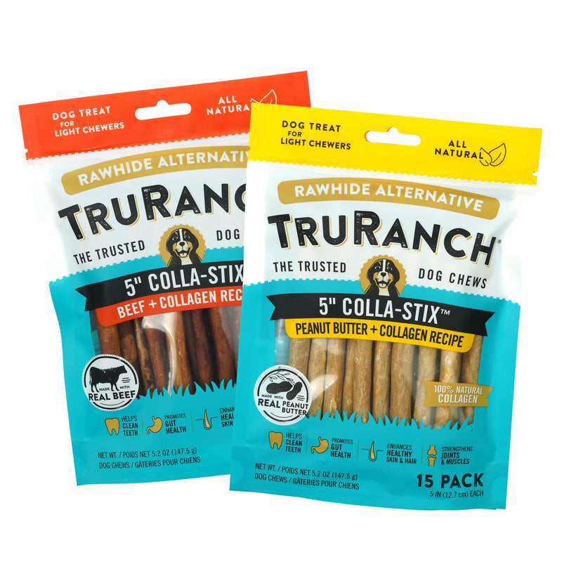 5" Collagen Sticks 2 Flavor Bundle: Beef, Peanut Butter, Healthy Joint Support Dog Treat, Rawhide Alternative, Skin & Coat Health, Made with Real Beef, 2 Bags, 30 Count