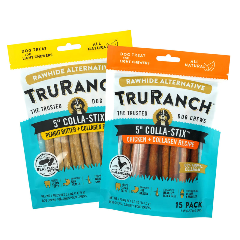 5" Collagen Sticks 2 Flavor Bundle: Chicken, Peanut Butter, Healthy Joint Support Dog Treat, Rawhide Alternative, Skin & Coat Health, Made with Real Chicken, 2 Bags, 30 Count - NewNest Australia