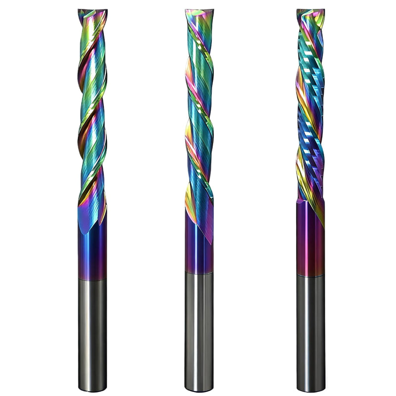 3pcs Spiral Router 1/4” Shank, Extra Long 4" OVL, 2" Cutting Length, Up Cut Downcut Compression Solid Carbide CNC Router Bits with TAC Coating End Mill for Wood, Oak, MDF, Aluminum 1/4” x 2” x 4” x 1/4” Multiple