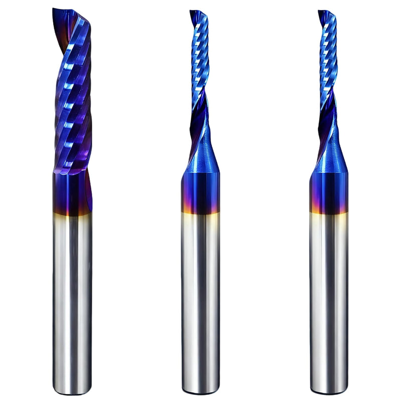 O-Flute Spiral Router Bit Set, 1/4 Inch Shank, Nano-Coated Solid Carbide CNC Router Bits for Aluminum, Plastic, Acrylic, Metal, Wood, MDF (2pcs 1/8"+1pcs 1/4") 2pcs 1/8"+1pcs 1/4"
