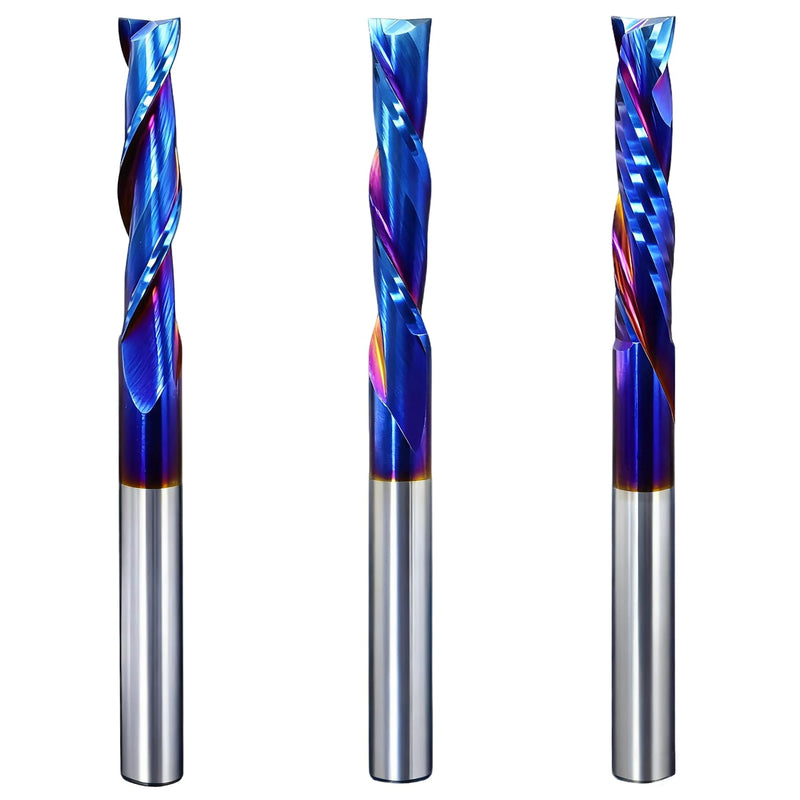 3pcs Spiral Router Bits Set 1/4" Shank 2 Flute Upcut Downcut Compression Bit Solid Carbide CNC Router Bits with Nano Blue Coating End Mill for Wood Cut, Carving, Edge Trimming 1/4" Cutting Dia 3 Pieces