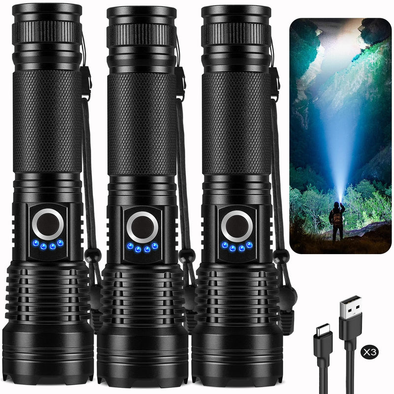 Rechargeable Flashlights High Lumens 3 Packs, 99,000 Lumens Super Bright LED Flash Light with 5 Modes Adjustable LED Flashlight, High Powered Flashlight for Home Camping Outdoor