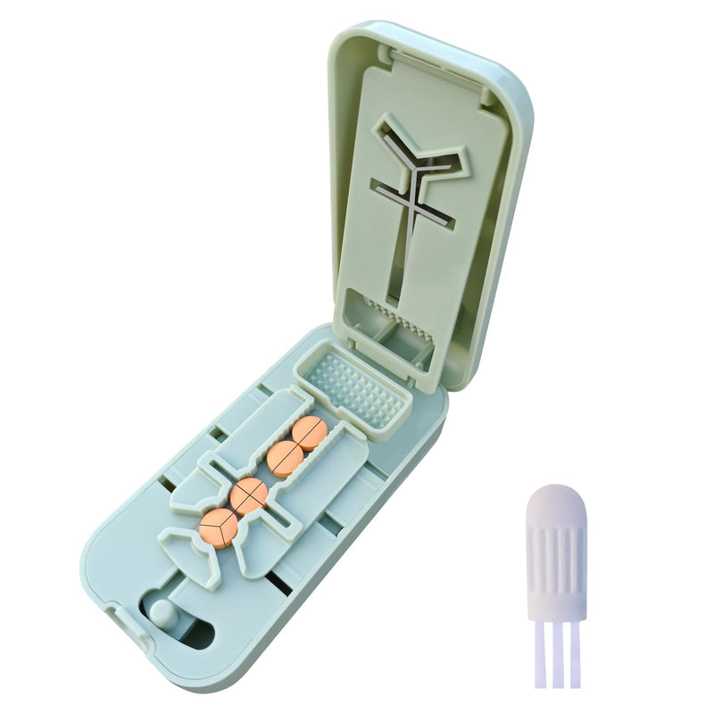 Pill Cutter for Cutting Multiple Pills, Pill Cutter for Large, Small and Tiny Pills 1/2 1/3 1/4, with Centering Device, Crusher, Brush and Storage Box 1/3 Green