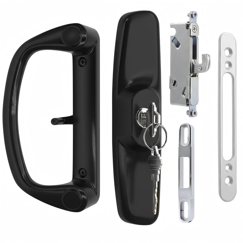 Aluminum Sliding Glass Patio Door Handle Set with Mortise Lock & Keys, Fits 1-1/4" to 2" Thick Doors 3-15/16" Hole Spacing, Adjustable Thumb Latch, Non-Handed, Black Keyed Handles + Mortise Lock